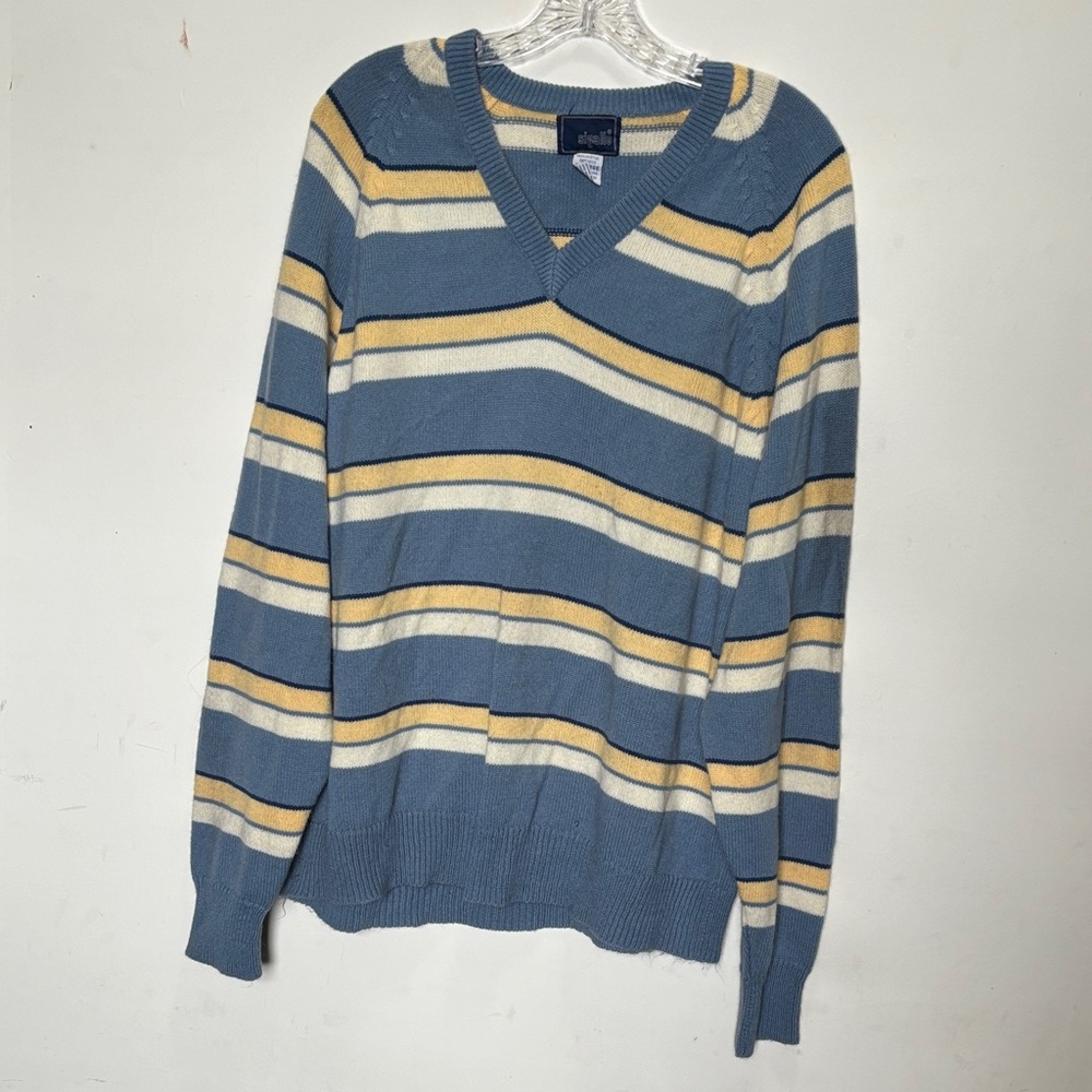 J. Crew V-Neck Sweater in Blue and Yellow Stripes